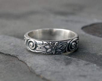 Flower Spiral Sterling Silver Ring Band, Etched Patterned Stacking Ring, Floral Swirl Pattern, Wedding, Engagement, Promise