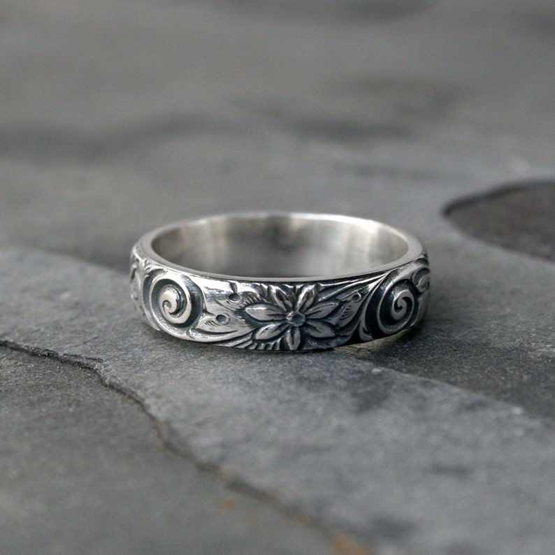 Flower Spiral Sterling Silver Ring Band, Etched Patterned Stacking Ring, Floral Swirl Pattern, Wedding, Engagement, Promise image 1