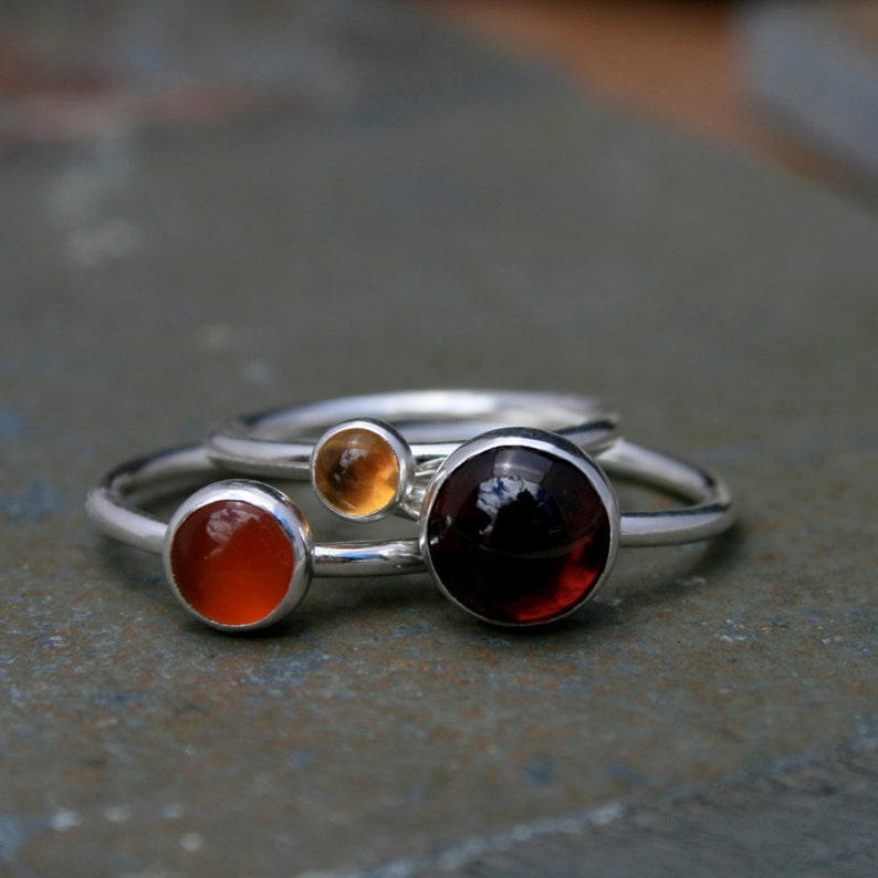 Maui Sunset Stacking Rings, Set of Three Sterling Silver Gemstone Rings, Garnet Citrine Carnelian Cabochons image 3