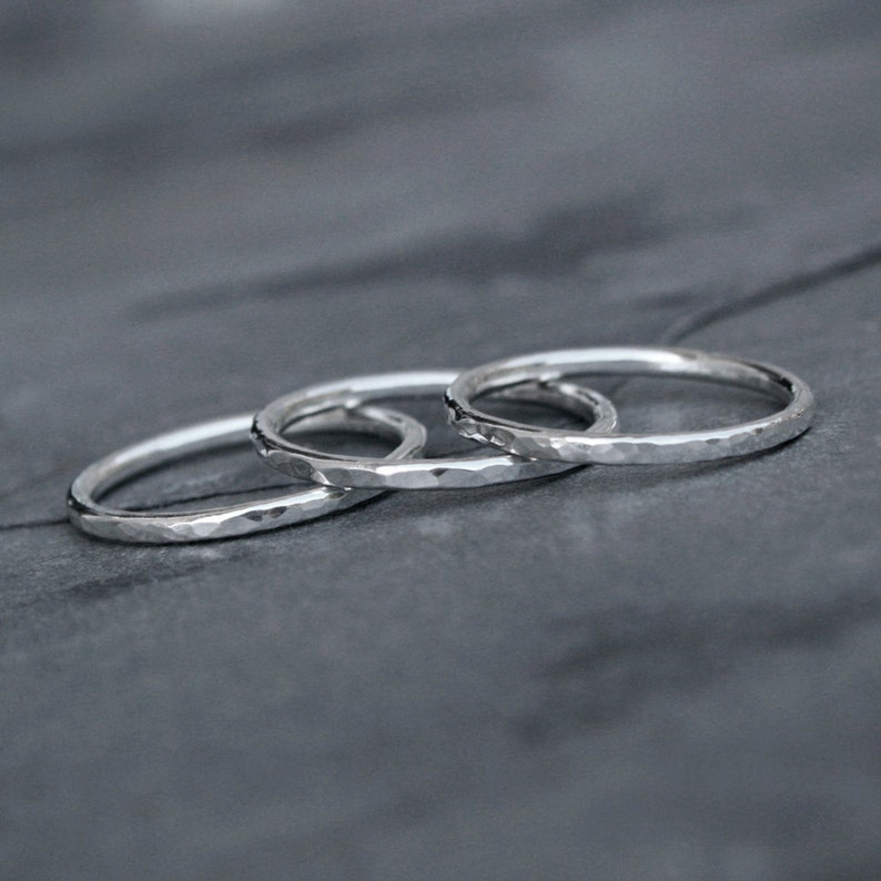 Sterling Silver Stacking Rings, Stack of Three Hammered Ring Bands, Shiny Polish Faceted Texture Finish image 4