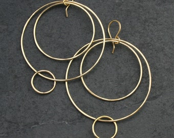 14k Gold Fill Hoop Earrings, Multi Circle Dangle Earrings, Lightweight Lovely Movement, Beautiful 14k Yellow Gold Filled Artisan Hoops