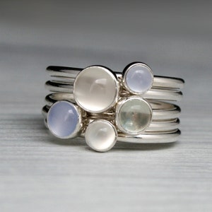 Moonstone, Chalcedony, Prasiolite Stacking Rings, Set of 5 Sterling Silver Stackable Rings, Luminous Cabochon Gemstones image 1