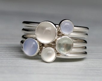 Moonstone, Chalcedony, Prasiolite Stacking Rings, Set of 5 Sterling Silver Stackable Rings, Luminous Cabochon Gemstones