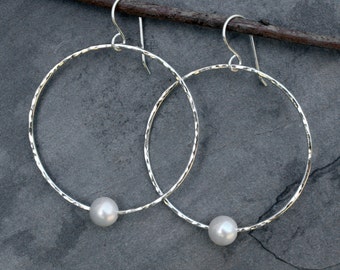 Natural Pearl Hoop Earrings Sterling Silver, White Freshwater Pearls, Hammered Faceted Finish