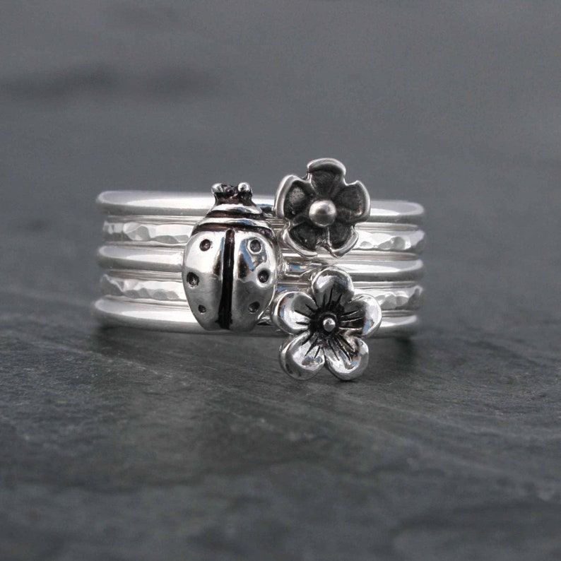 Garden Botanical Stacking Rings, Sterling Silver Set of 5 Rings, Lucky Ladybug & Spring Flowers, Gardener Gift image 1