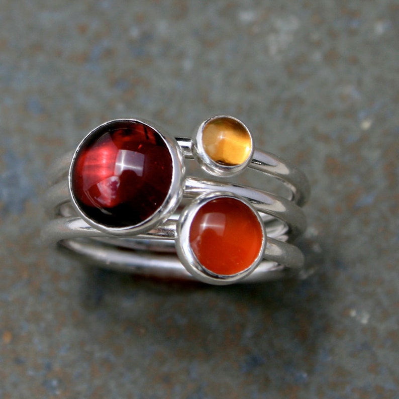 Maui Sunset Stacking Rings, Set of Three Sterling Silver Gemstone Rings, Garnet Citrine Carnelian Cabochons image 2