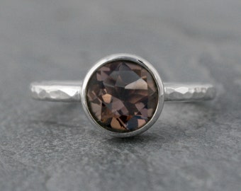 Whiskey Quartz Ring, Sterling Silver Faceted Gemstone Ring, Smoky Quartz Faceted Gemstone, 8mm Solitare Statement Ring, Hammered Ring Band