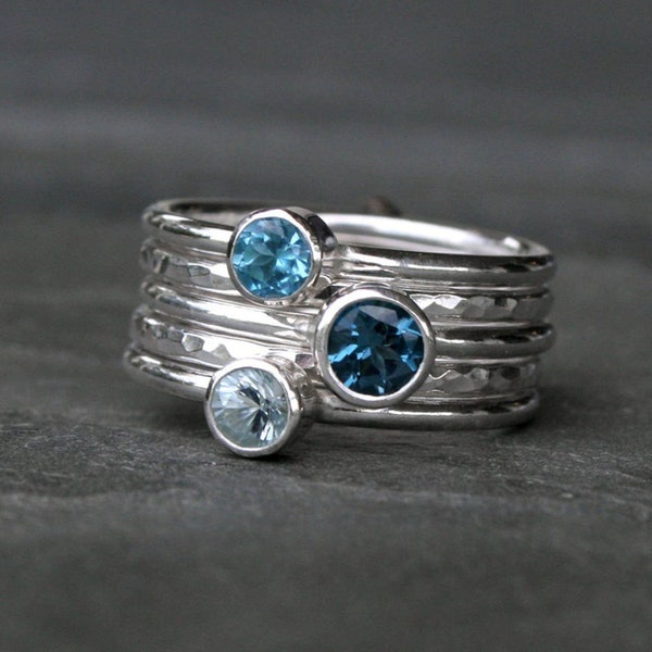 Blue Topaz Stacking Rings, Set of 5 Sterling Silver Faceted Gemstone Rings, London Blue Topaz, Swiss Blue Topaz, Sky Blue Topaz - Ocean Blue