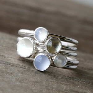 Moonstone, Chalcedony, Prasiolite Stacking Rings, Set of 5 Sterling Silver Stackable Rings, Luminous Cabochon Gemstones image 3