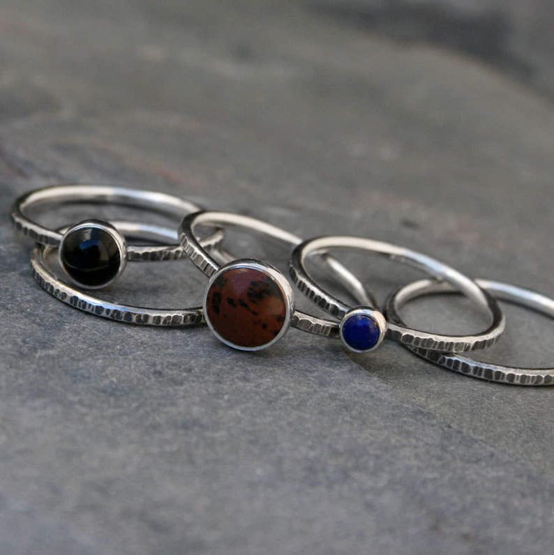 Mahogany Obsidian Black Onyx Sterling Silver Set of Five Ring Stackable Rings Lapis Lazuli Earth Sky Stacking Rings