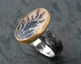 Fern Agate Ring, 14k Gold & Sterling Silver Dendritic Agate Ring, One of a Kind Size 8 Garden Botanical Natural Gemstone, Metalsmith Jewelry