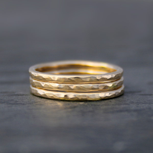 14k Gold Fill Stacking Rings, Stack of Three Hammered Rings, 3 Handmade Ring Bands, 14 Karat Yellow Gold Filled Rings