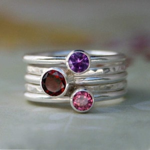 Sterling Silver Stacking Rings, Garnet Amethyst Pink Topaz Faceted Jewel, Stackable Set of 5 Rings