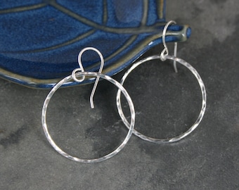 Small Eternity Hoop Earrings, Sterling Silver Hoops, Hammered Round Dangle Hoops