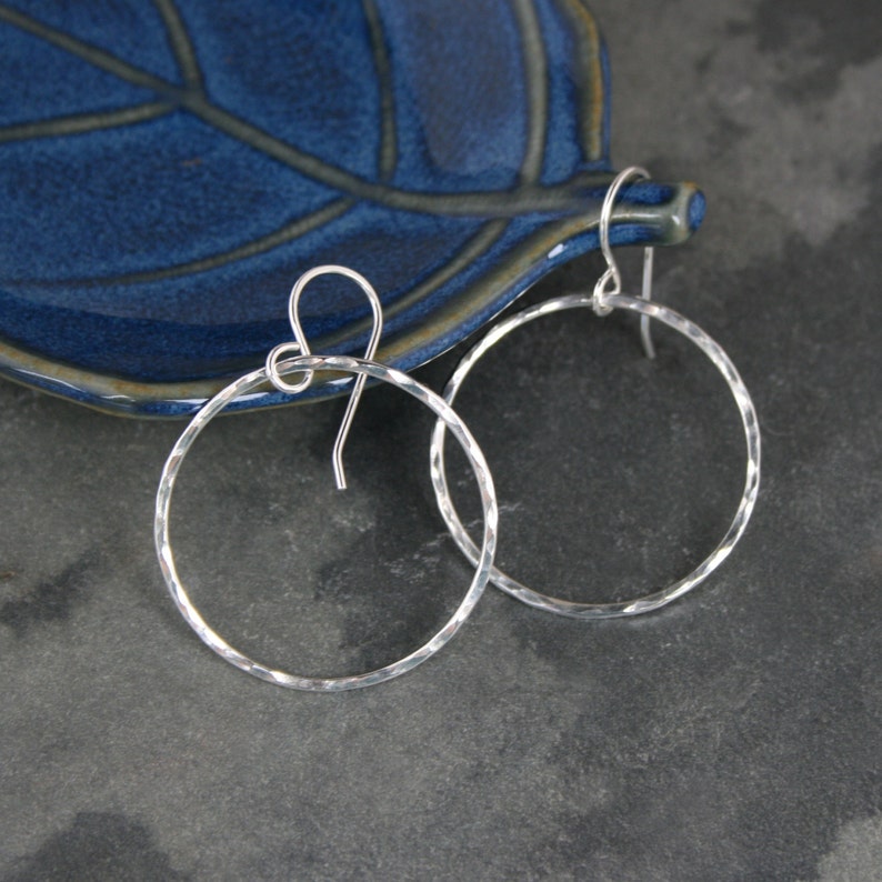 Small Eternity Hoop Earrings, Sterling Silver Hoops, Hammered Round Dangle Hoops image 1