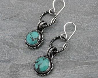 Turquoise Earrings Sterling Silver, One of a Kind Southwestern Style Turquoise, Round Cabochon Dangle Earrings