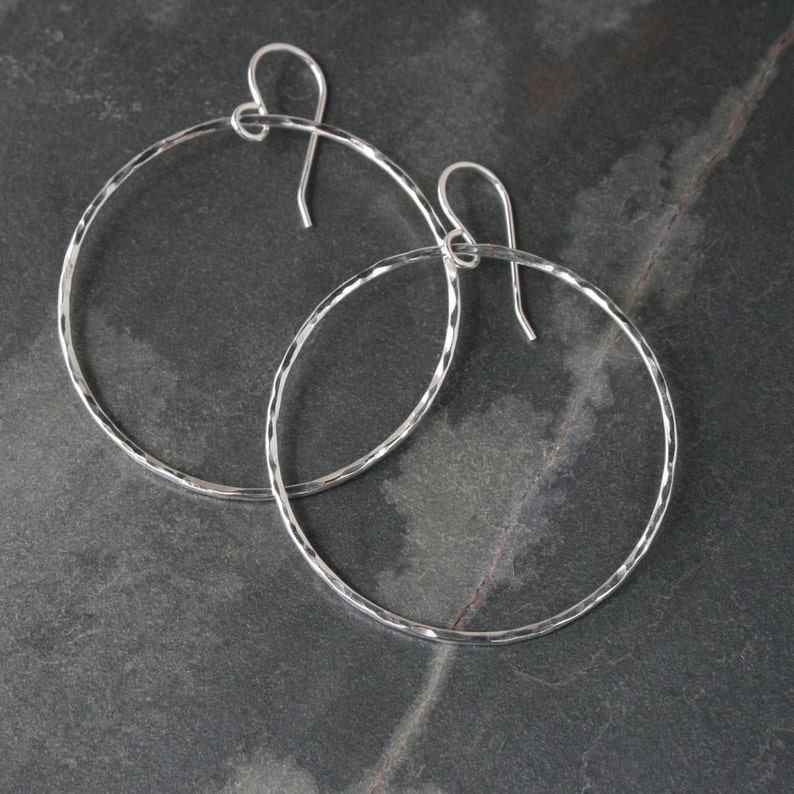 Medium Eternity Earrings, Sterling Silver Hoops, Round Hoops, Hammered texture, Dangle Hoops, Round Minimalist, French Ear Wire image 3