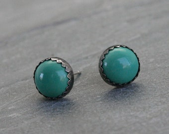 Large Turquoise Sterling Silver Stud Earrings, 8mm Round Natural Turquoise Post Earrings