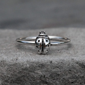 Sterling Silver Ladybug Ring, Lucky Charm (Stacking Band Sizes)