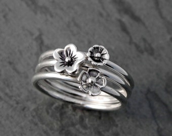 Set of 3 Flower Rings, Sterling Silver Stacking Rings, Set of Three Floral Blossom Rings - Stackable Sterling Silver Rings
