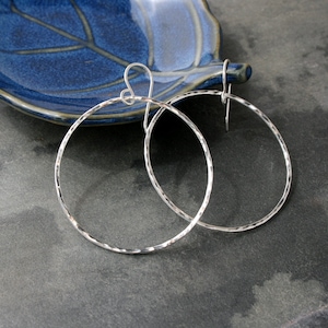 Medium Eternity Earrings, Sterling Silver Hoops, Round Hoops, Hammered texture, Dangle Hoops, Round Minimalist, French Ear Wire image 1