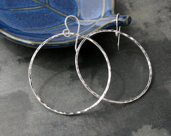Medium Eternity Earrings, Sterling Silver Hoops, Round Hoops, Hammered texture, Dangle Hoops, Round Minimalist, French Ear Wire