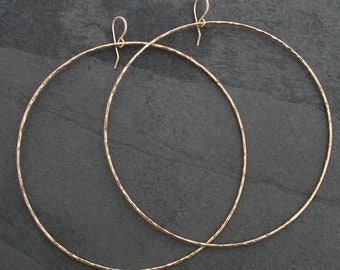 Extra Extra Extra Large 14k Gold Filled Eternity Hoop Earrings, Hammered Dangle XL Hoops, 14 Karat Yellow Gold Filled Round Minimalist XXXL