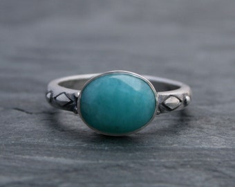 Amazonite Sterling Silver Ring, Oval Ocean Blue Modern Artisan Handmade Silversmith Ring, Summer Cool Blue Greens Gemstone Ring