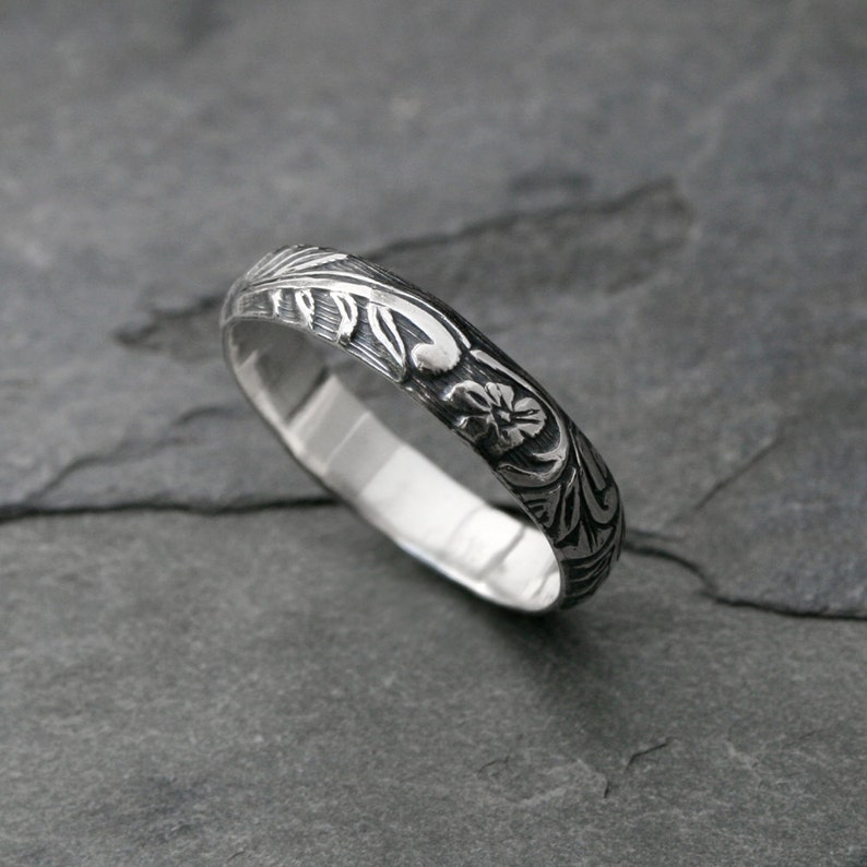 Sterling Silver Etched Ring Band Embossed Stacking Ring Etsy