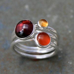 Sterling Silver Stacking Rings: Garnet, Citrine, Carnelian Cabochons
