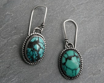 Matrixed Turquoise Earrings, Sterling Silver Turquoise Earrings, Oval Cabochon Dangle Earrings, One of a Kind