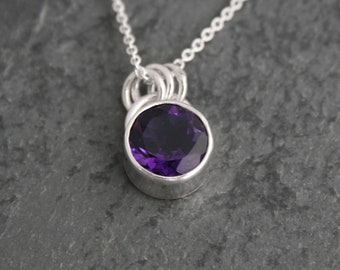 Faceted Gemstone Pendant Sterling Silver Setting - 8mm Purple Amethyst - Brilliant Faceted Gemstone