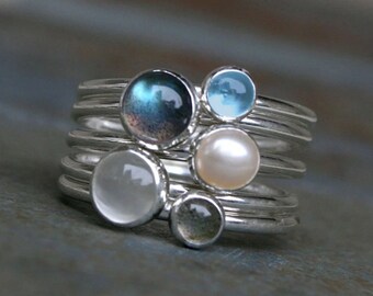 Moonlight on Water Sterling Silver Stacking Rings: Labradorite, Swiss Blue Topaz, Pearl, Moonstone and Labradorite, Set of 5 Stackable Rings