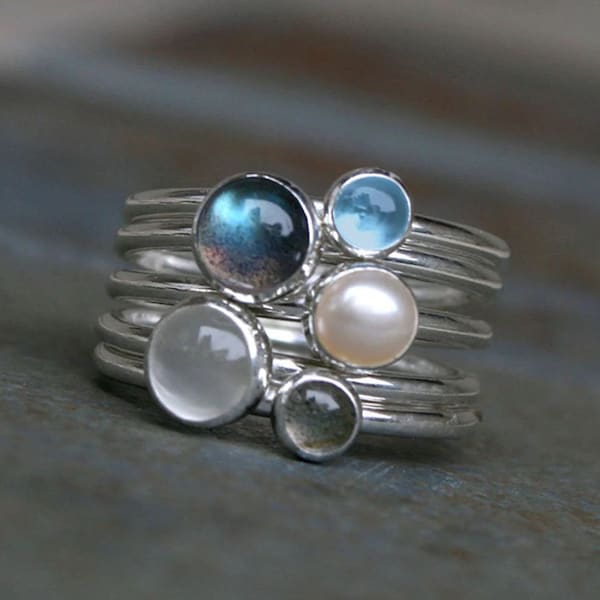 Moonlight on Water Sterling Silver Stacking Rings: Labradorite, Swiss Blue Topaz, Pearl, Moonstone and Labradorite, Set of 5 Stackable Rings