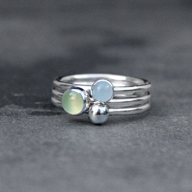 Set of Three Stacking Rings Sterling Silver & Gemstone, 5mm Prehnite, 4mm Aquamarine, 4mm Silver Gem Drop image 3