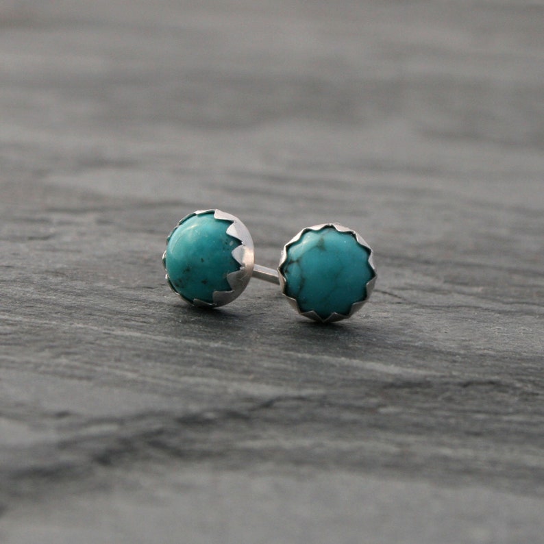 Turquoise Sterling Silver Stud Earrings, Natural Turquoise Gemstone Earrings, 6mm Round Cabochon, You Choose the of Pair of Post Earrings image 2