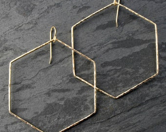 Large 14k Gold Fill Hexagon Hoop Earrings, Geometric Dangle Hoops, Minimalist Modern Hammered Hex LG Hoops, 14k Yellow Gold Filled Earrings