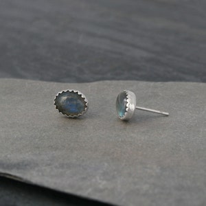 Iridescent Labradorite Earrings Sterling Silver Studs, Natural Cabochon Gemstones Post Earrings, Floral Earring Backs, Oval Labradorite Stud image 3