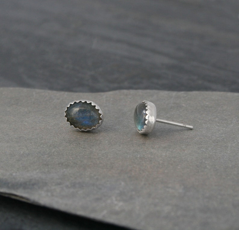 Iridescent Labradorite Earrings Sterling Silver Studs, Natural Cabochon Gemstones Post Earrings, Floral Earring Backs, Oval Labradorite Stud image 3