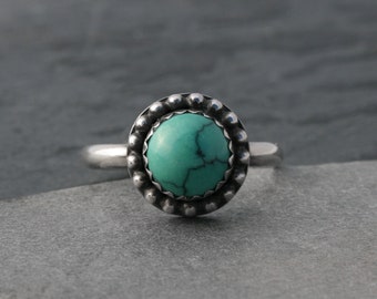 Desert Sky Turquoise Ring, Sterling Silver Stackable Statement Ring, Natural Turquoise Cabochon Gemstone, One of a Kind Size 9.5