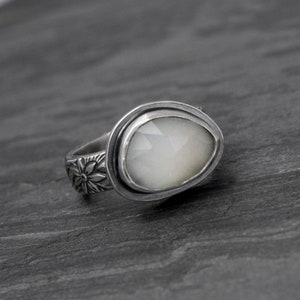 Rose Cut Moonstone Ring, Natural White Luminous Moonstone set in Sterling Silver, Floral and Spiral Etched Ring Band, One of a Kind Size 5.5 image 5