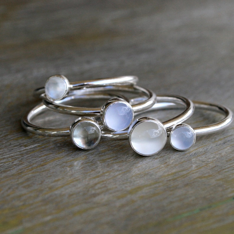 Moonstone, Chalcedony, Prasiolite Stacking Rings, Set of 5 Sterling Silver Stackable Rings, Luminous Cabochon Gemstones image 4