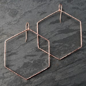 Large Rose Gold Fill Hexagon Hoop Earrings, Geometric Dangle Hoops, Minimalist Modern Hammered Hoops, LG 14k Rose Gold Filled Earrings image 1