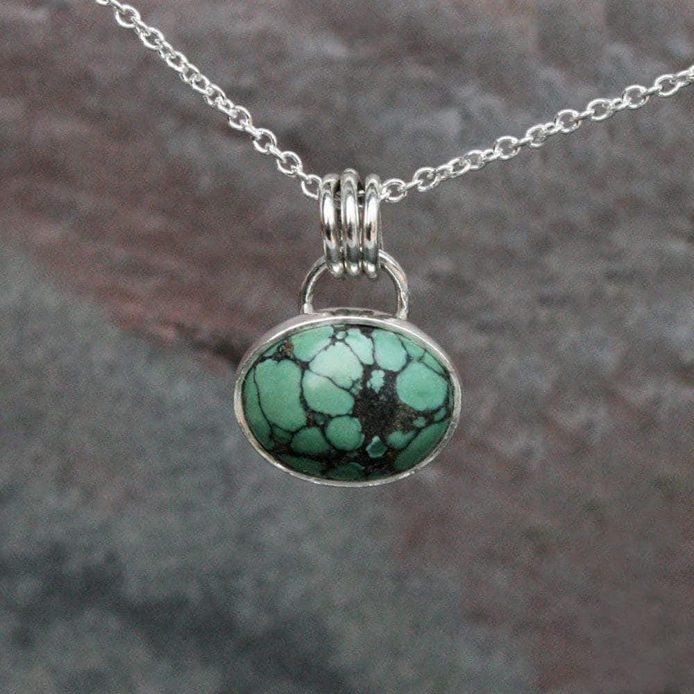 Dainty Turquoise Pendant Necklace: Sterling Silver Oval, Custom Veined Stone