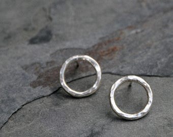 Hammered Sterling Silver Open Circle Stud Earrings: Dainty Minimalist Jewelry