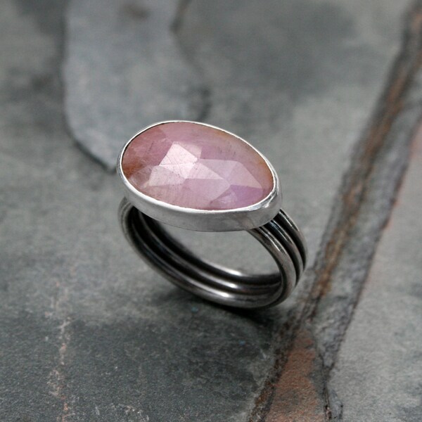 Rose Cut Natural Pink Sapphire, Sterling Silver Faceted Gemstone Jewel Statement Ring, Free Form One of a Kind Natural Sapphire, Large Stone