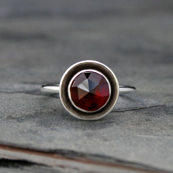 Rose Cut Garnet Halo Ring, Sterling Silver, Deep Scarlet Red Jewel, Statement Ring, Faceted Gem, Marsala, January Birthstone Birthday