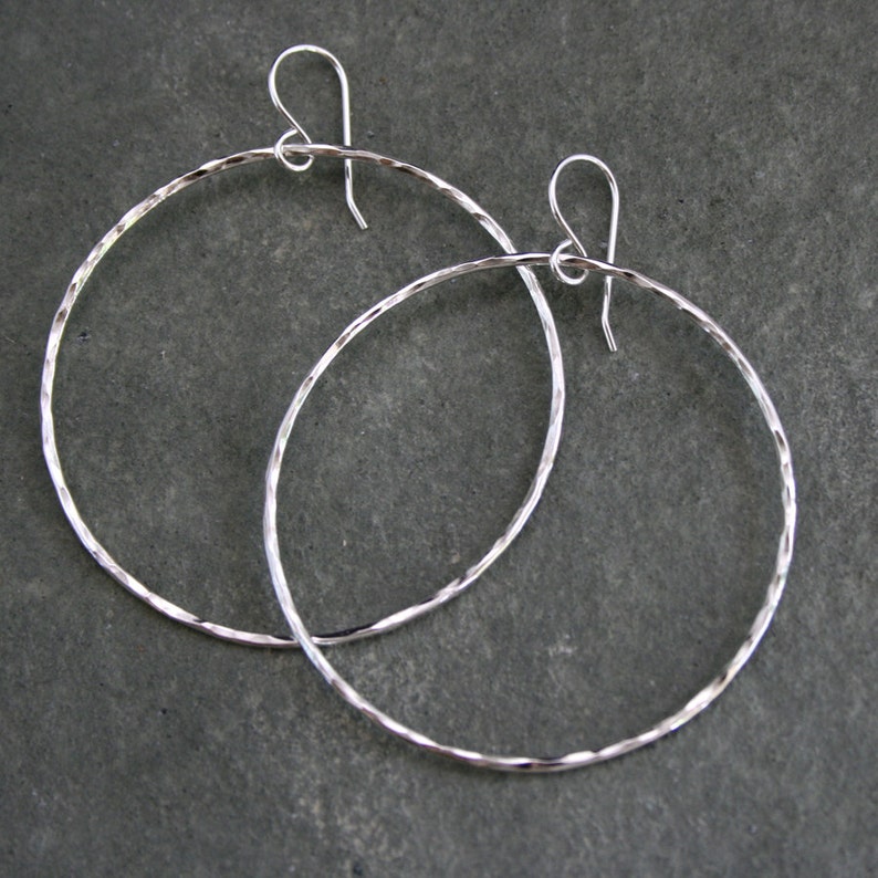 Large Eternity Earrings, Sterling Silver Hoops, Round Hoops, Hammered texture, Dangle Hoops, Round Minimalist, French Ear Wire image 2