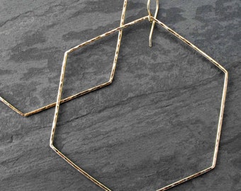 Extra Large 14k Gold Fill Hexagon Hoop Earrings, 14k Yellow Gold Filled Hoops, Geometric Dangle Hoops, Modern Minimalist Bold Design