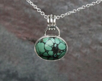 Dainty Turquoise Pendant Necklace: Sterling Silver Oval, Custom Veined Stone